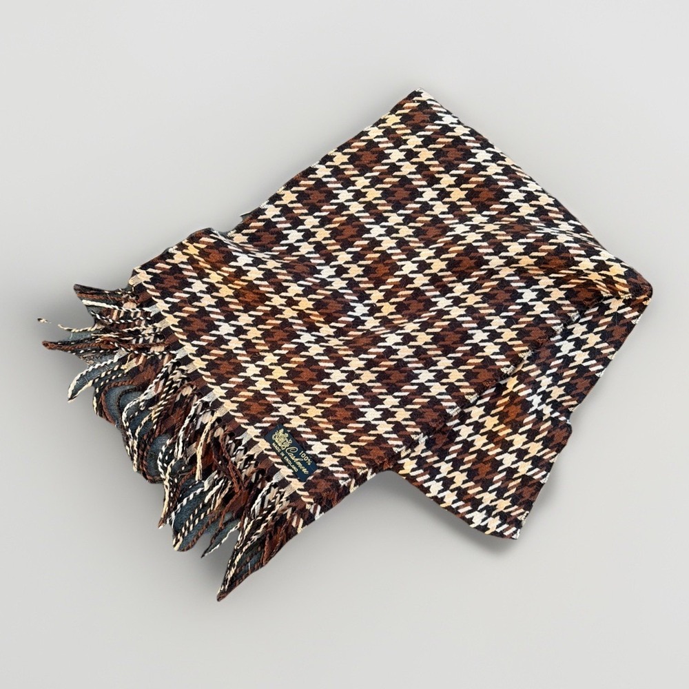 100% Cashmere Made In England Super Soft Heritage Plaid Brown Tan Fringe Scarf